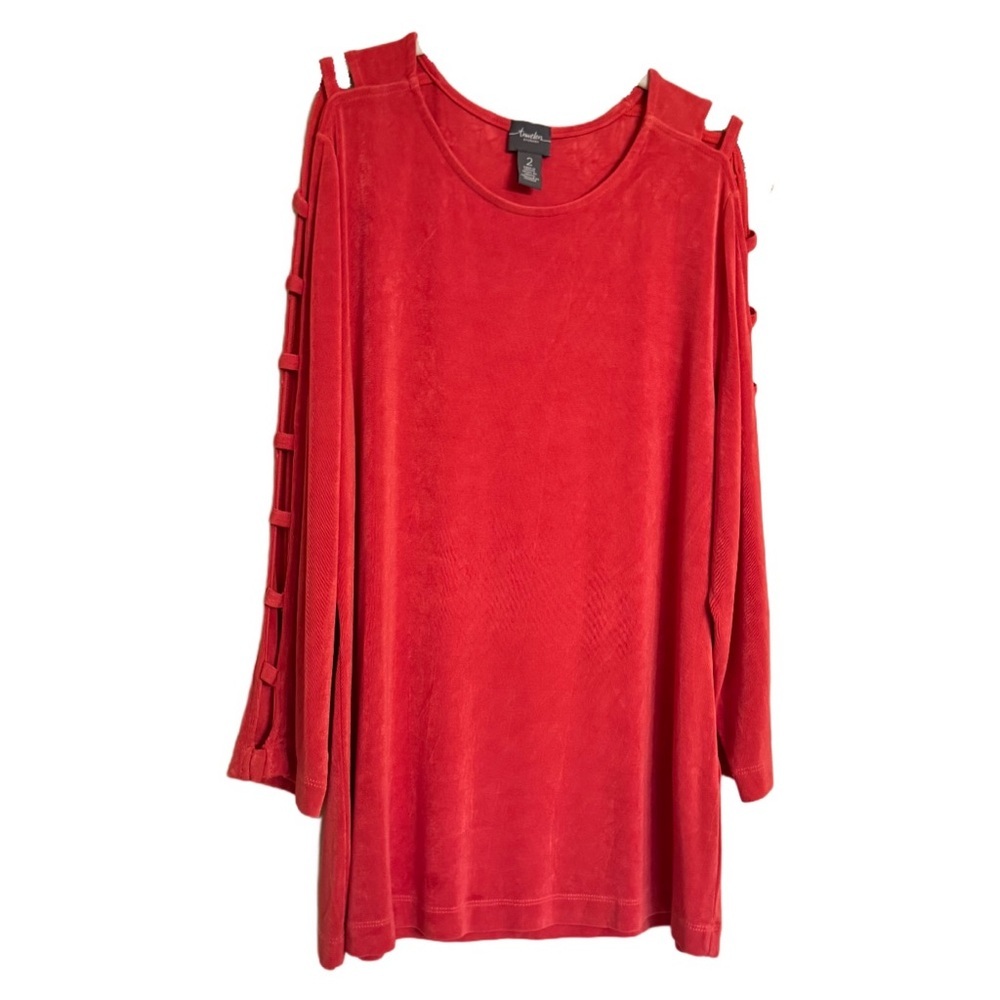 CHICO'S Sz 2 / M-L TRAVELERS Coral Slinky Stretch Knit Cut-Out Sleeve Blouse